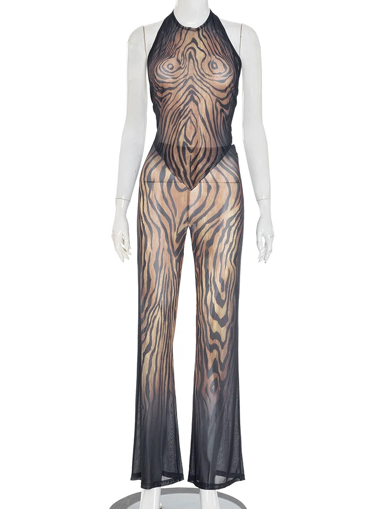 See Through Tiger Print 2-Piece Set Women o-Neck Halter Backless Bandage Vest+Trousers Elasticity Sexy Midnight Suits