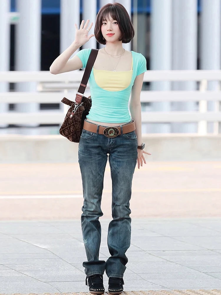 T-Shirt+Camisole 2Piece Set Women Trend Hottie Low-Neck Short Sleeve Stretch Fashion Casuals Classic Party Streetwear