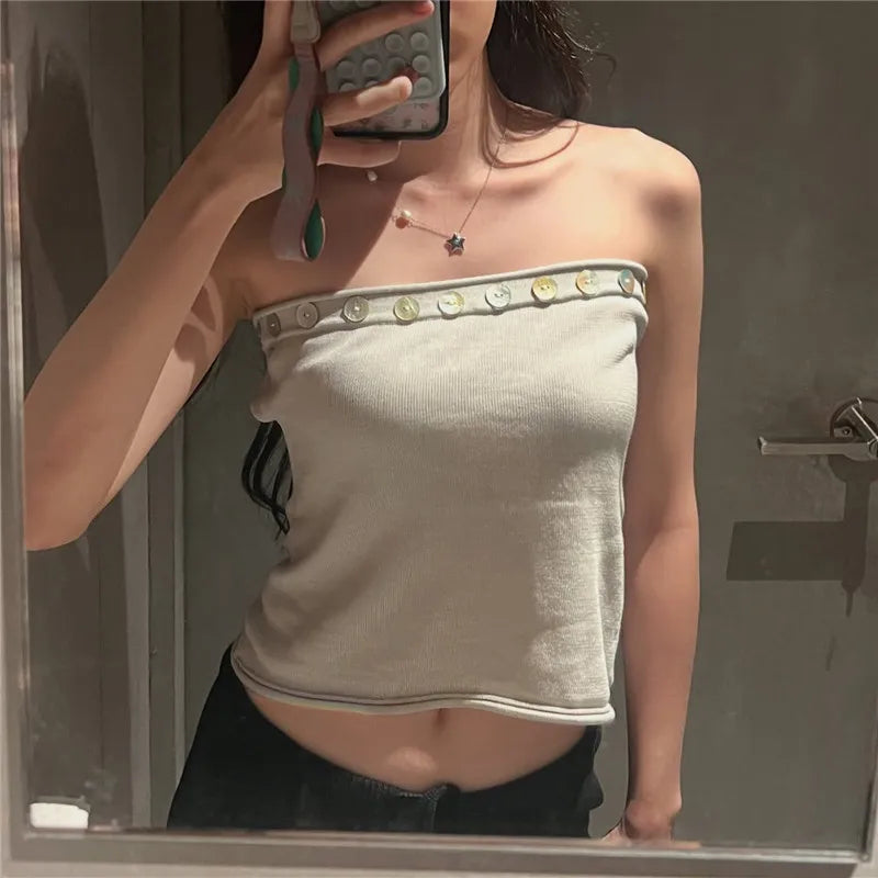 Women Slim Strapless Bandeau Top Shell Buttons Edge Decor Soft Knit Tube Top Y2K Aesthetic Summer Going Out Camisole