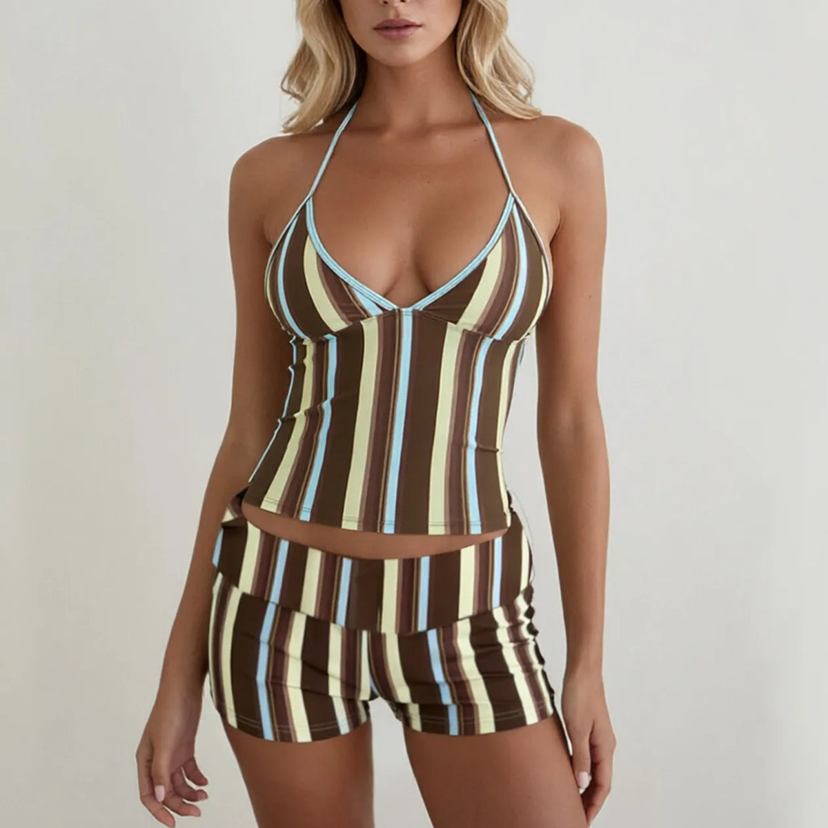 Y2K Retro Striped Dot Halter Cami Set Women Sleeveless Crop Top Fold Waist Shorts Two Piece Casual Pajama Loungewear