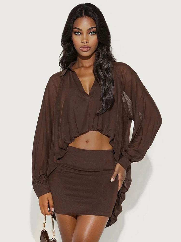 Simple Mesh 2-Piece Set Women Lapel Irregular Curling Edge V-Neck Shirt+Peach Hip Skirt Matching Casual Slim Outfits