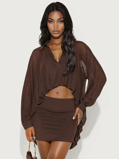 Simple Mesh 2-Piece Set Women Lapel Irregular Curling Edge V-Neck Shirt+Peach Hip Skirt Matching Casual Slim Outfits