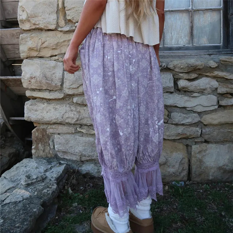 Summer Vacation Floral Baggy Capri Joggers Sheer Lace Hem Elastic Waist Loose Beach Casual Pants Two Tone Floral Print