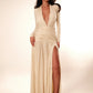 Women Glitter Maxi Evening Dress Deep V Neck Long Sleeve Ruched High Slit Formal Party Dress For Wedding Guest Prom