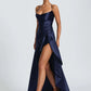 Satin Spaghetti Strap Ruffle Sexy Maxi Dress Women Off-shoulder Sleeveless Backless Thigh High Split Club Party Dress