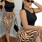 Tiger Stripes Print Elastic Waist Short Women Skinny Side Slit Skinny Simple Classic Fashion Summer Daily Streetwear