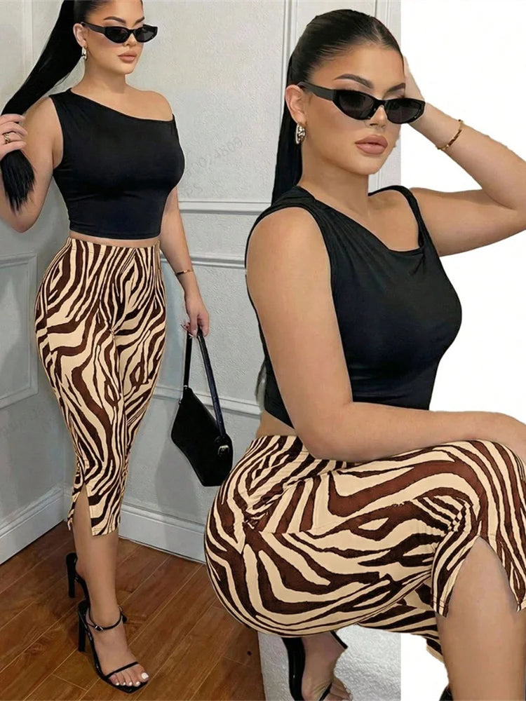 Tiger Stripes Print Elastic Waist Short Women Skinny Side Slit Skinny Simple Classic Fashion Summer Daily Streetwear
