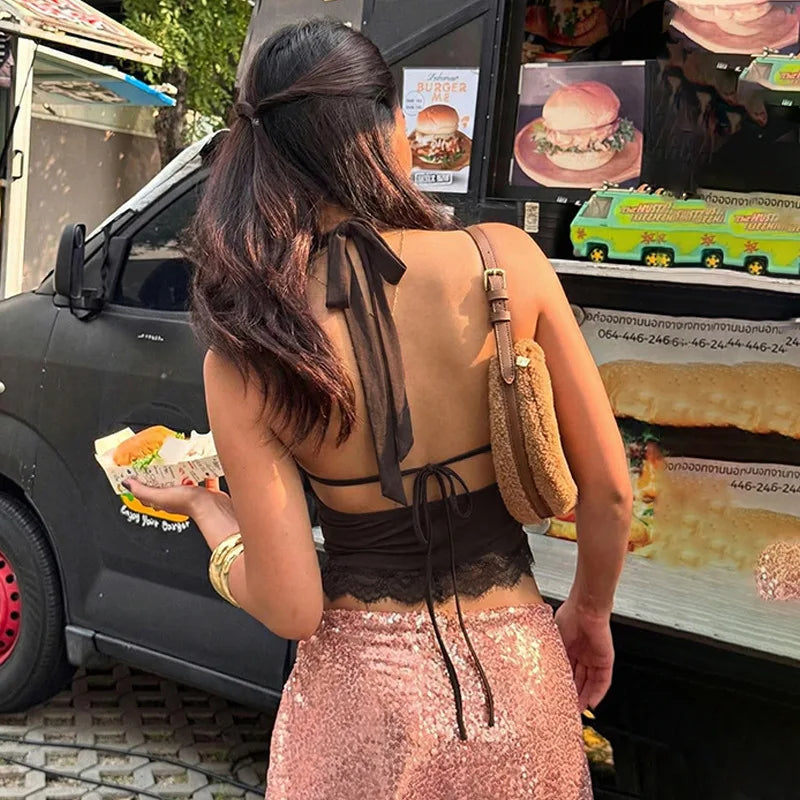 Lace Trim Cowl Neck Halter Tops for Woman Sexy Y2k Clothes Backless Crop Top Tanks Camis Summer 2026