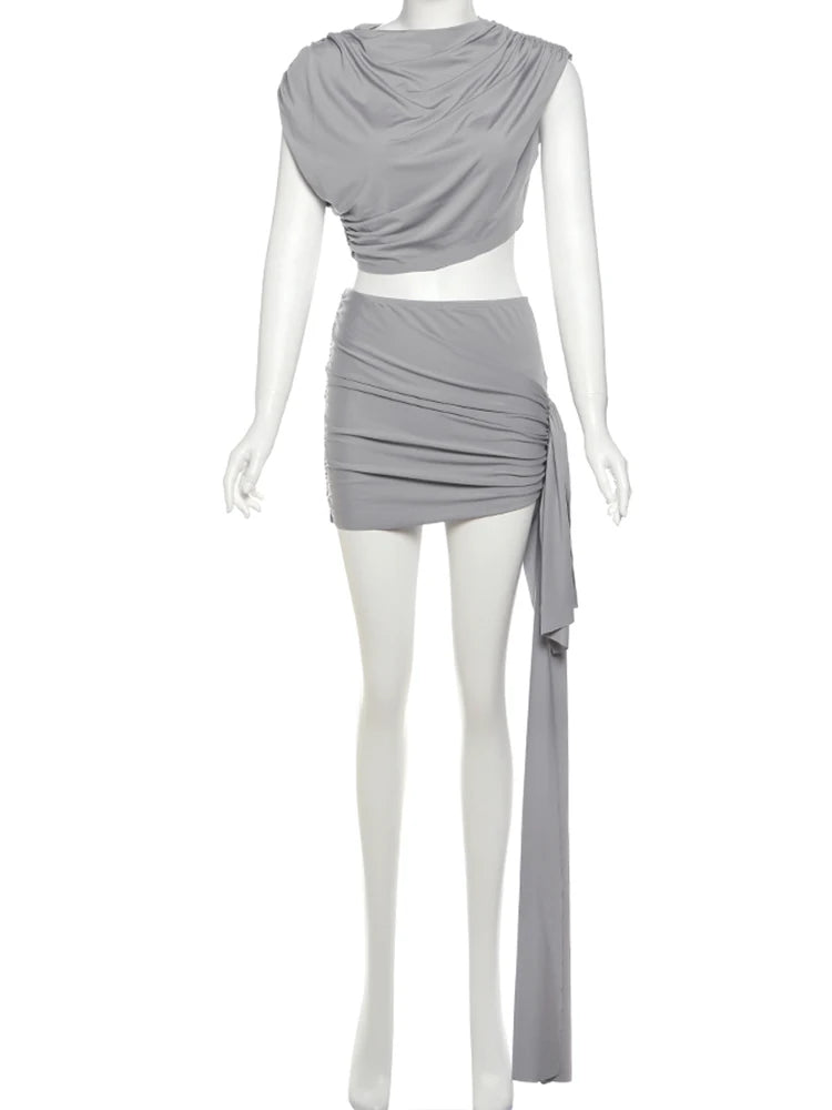 Irregular Ruched 2 Piece Set Women Summer Tank Tops+Side Ribbon Skirts Stretch Matching Casual Simple Street Outfits