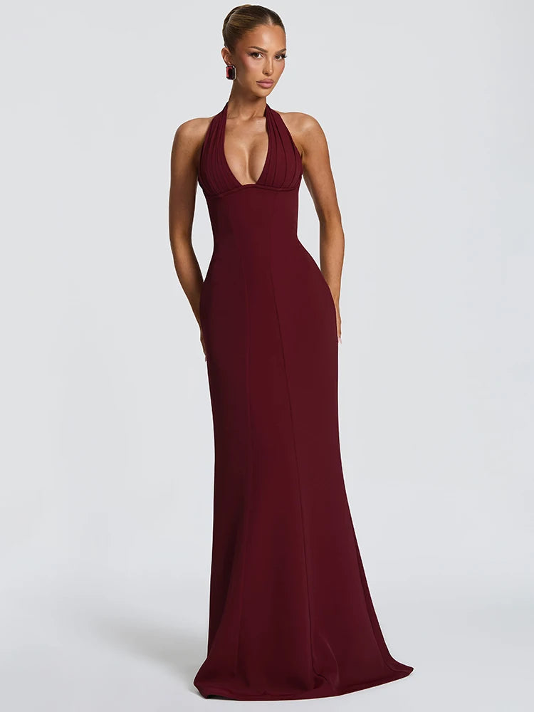 Women Halter Deep V Neck Sexy Maxi Dress Elegant Sleeveless Backless Bodycon Club Party Long Dresses Wedding Guest
