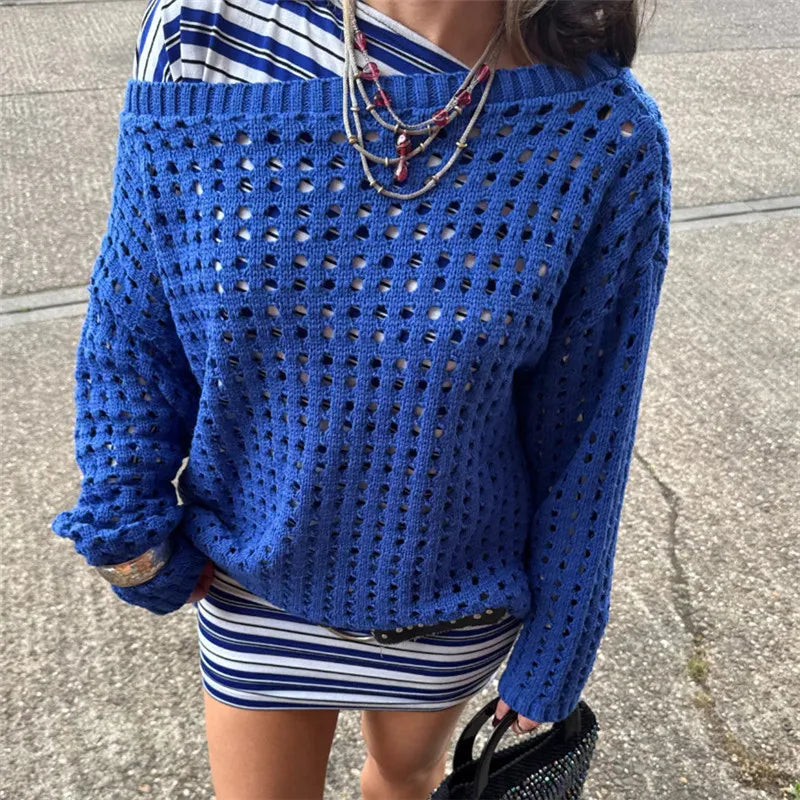 Women Retro Y2K Hollow Knit Mesh Sweater Off‑Shoulder Slouchy Oversized Pullover Long Sleeve Grunge Vintage Street Tops