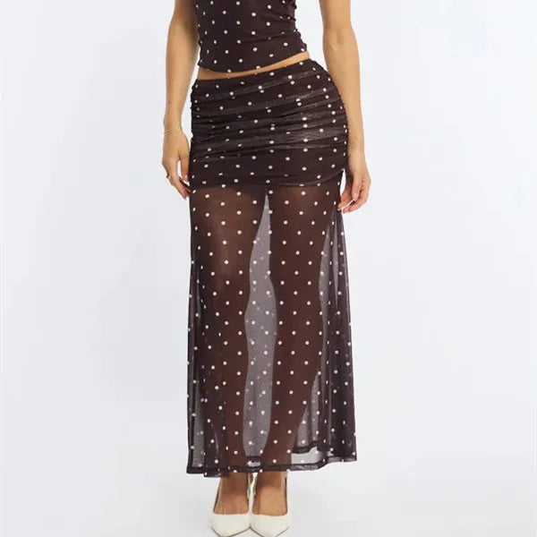 Women Polka Dot Mesh Maxi Skirt High Waist Side Ruched Double Layer See Through Mermaid Bodycon Long Skirt Night Club