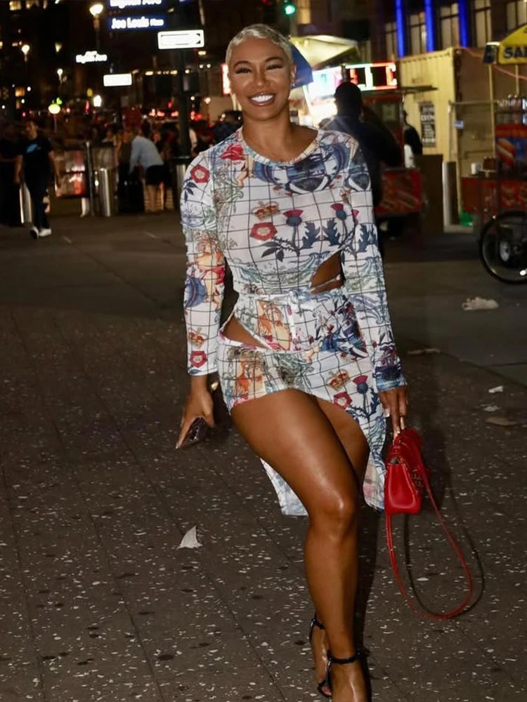 Y2K See Through 2 Piece Set Women Sexy Flowers Lace-Up Hollow Bodysuit+Irregular Skirts Matching Streetwear Outfits