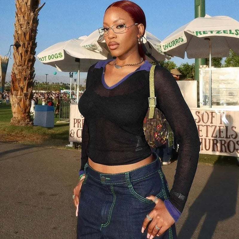 V Neck Long Sleeve Top Sexy Sheer Black T Shirts Trending 2025 Autumn Clothes for Woman