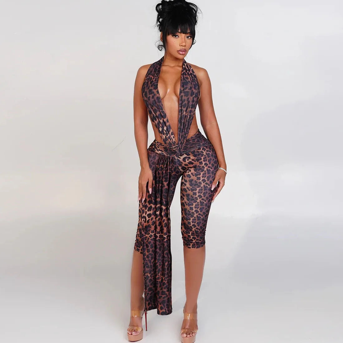 Sexy Women Bodycon Jumpsuit Solid Color Sleeveless Deep V Halter Neck Backless Bodysuit Midnight Activity Slim Playsuits