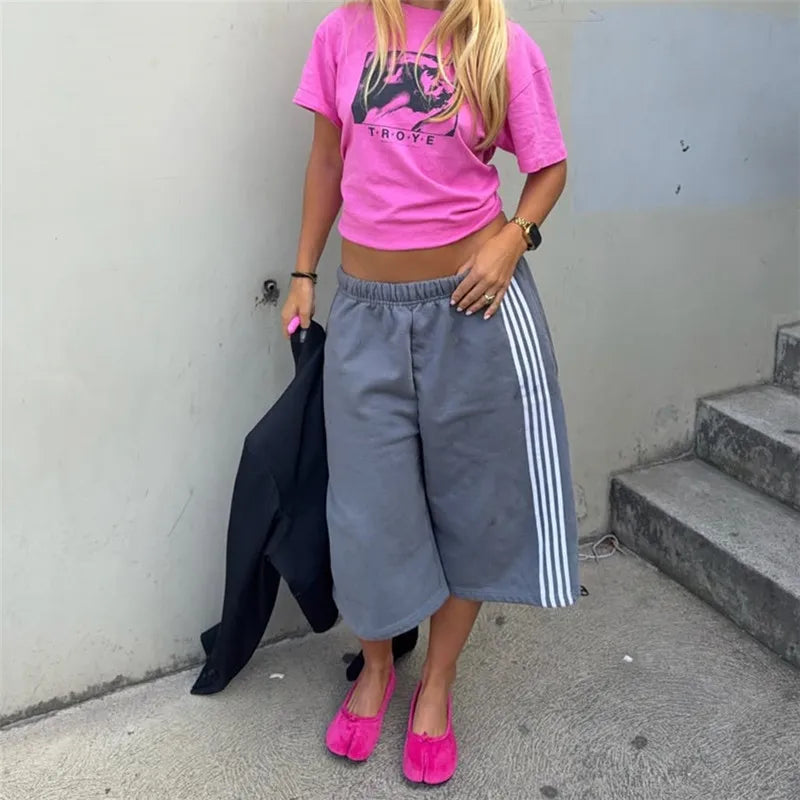 Elastic Drawstring Waist Side Stripes Cropped Seven Pants Women Loose Wide Leg Sweat Jogger Casual Street Bottoms