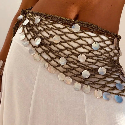 Women Boho Crochet Sequin Shell Hip Scarf Irregular Mesh Handmade Knit Beach Wrap Skirt Summer Vacation Festival Wear