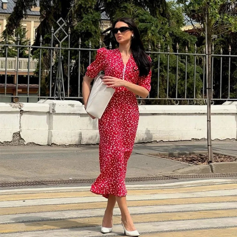 French Style Retro Floral Dress Button V Neck Short Sleeve Long Dresses for Woman Elegant