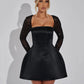 Glitter Long Sleeve Backless Sexy Mini Dress For Women Robe Square Collar Lace-up High Waist A-line Club Dress Elegant