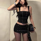 Hottie Punk Style Sexy 2 Piece Set Women Shirring Sleeveless Bandages Tank Top+Metal Buckle Peach Hip Skirt Chic Suit