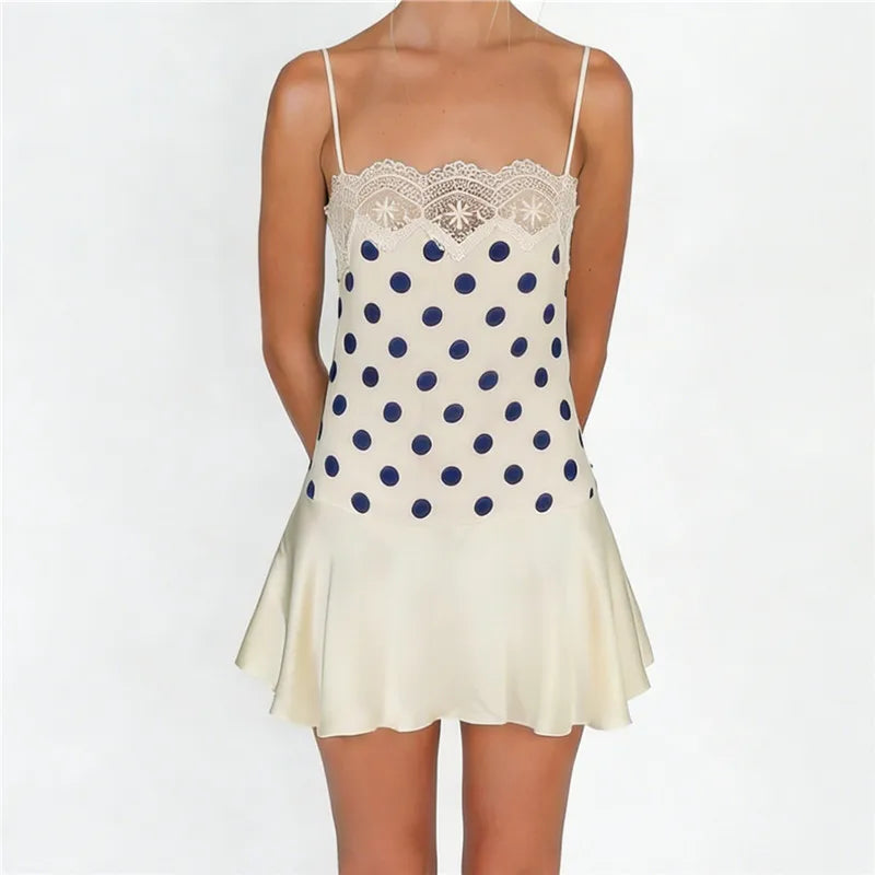 Y2K Polka Dot Sexy Mini Dress Women Summer Lace Satin Spaghetti Strap Sleeveless Backless Slim Fit Beach Club Dress