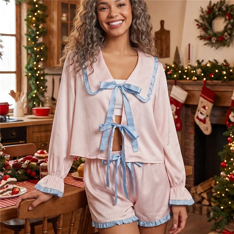 Women Satin Christmas Pajama Set Peter Pan Collar Front Tie Long Sleeve Ruffle Top Shorts Two Piece Xmas Loungewear