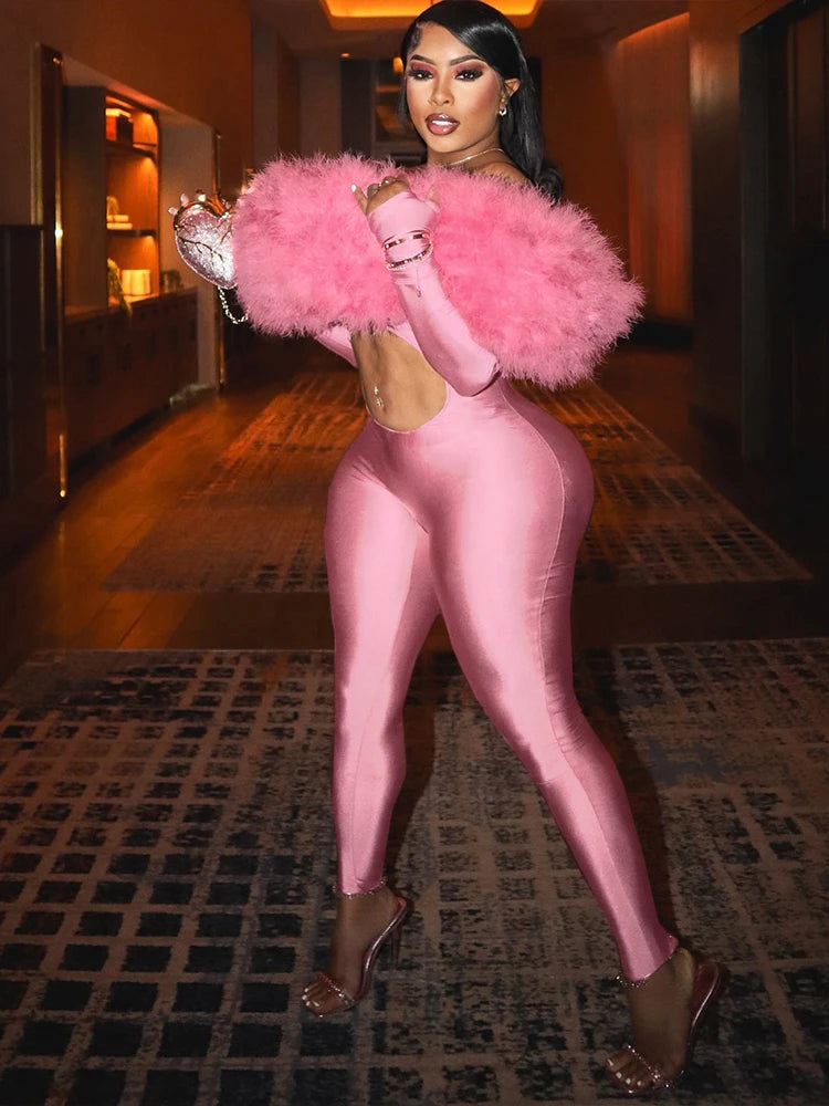 Furry Slash Neck Jumpsuits Woman Luxury Hipster Patchwork Trend Sexy Hollow Stretch Fitness Club Activity Overalls