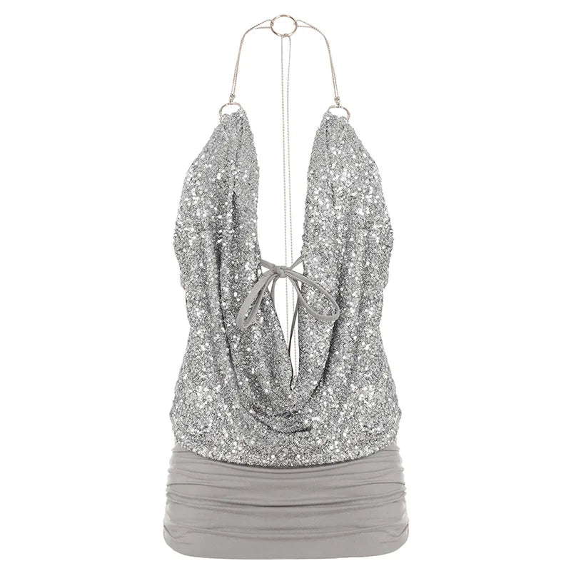 Silver Sequin Halter Neck Backless Mini Dresses for Woman Club Outfits Sexy Birthday Dresses Luxury 2026