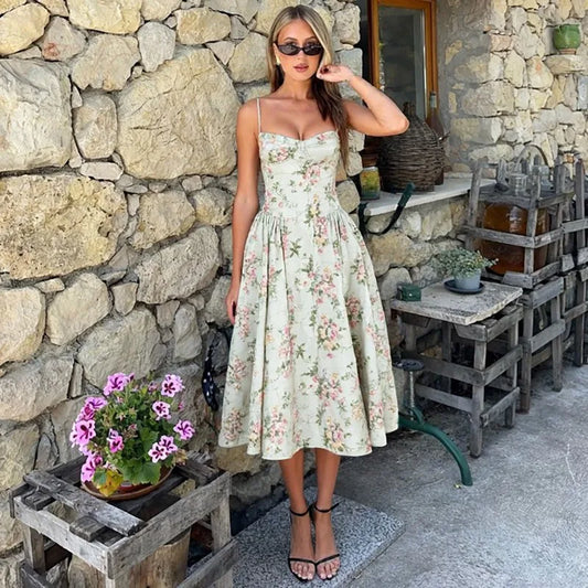 Green Flower Sun Dresses for Woman Spaghetti Strap Backless Long Dresses French Style Elegant Vacation Outfits