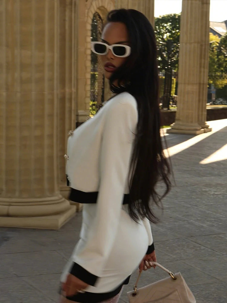 Office 2-Piece Set Women Sexy Single Breasted Coat+Patchwork Split Peach Hip Skirt Matching Slim Elegant Suit Outfits