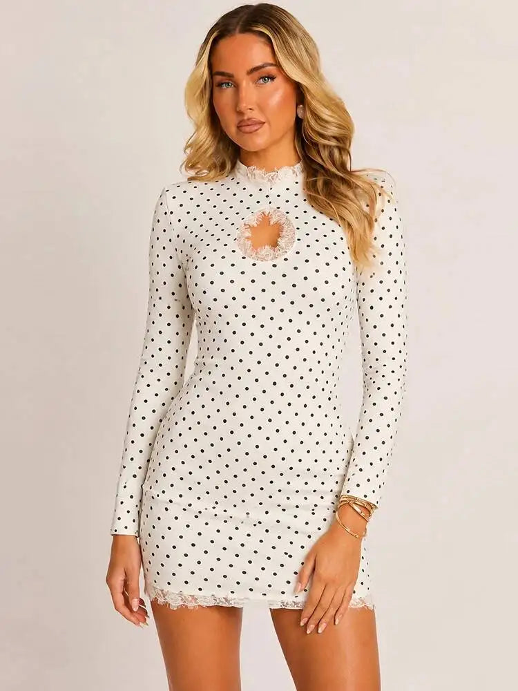 Women Polka Dot Sexy Mini Dress Lace Trim High Neck Cutout Long Sleeve Bodycon Short Dress Club Party Night Out Dresses