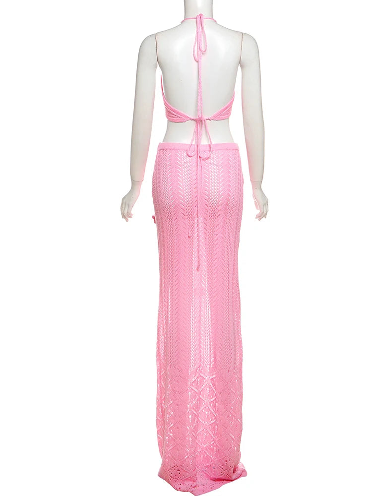 Beach Crochet Women Summer 2 Piece Set Applique Halter Bandage Camisole+Maxi Skirts Sexy Matching Vacation Clubwear