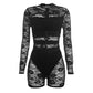 Hollow Romper Women Sexy Wild Cross Jacquard Lace Patchwork Full Sleeve Stretch Fashion Street Party Club Playsuits