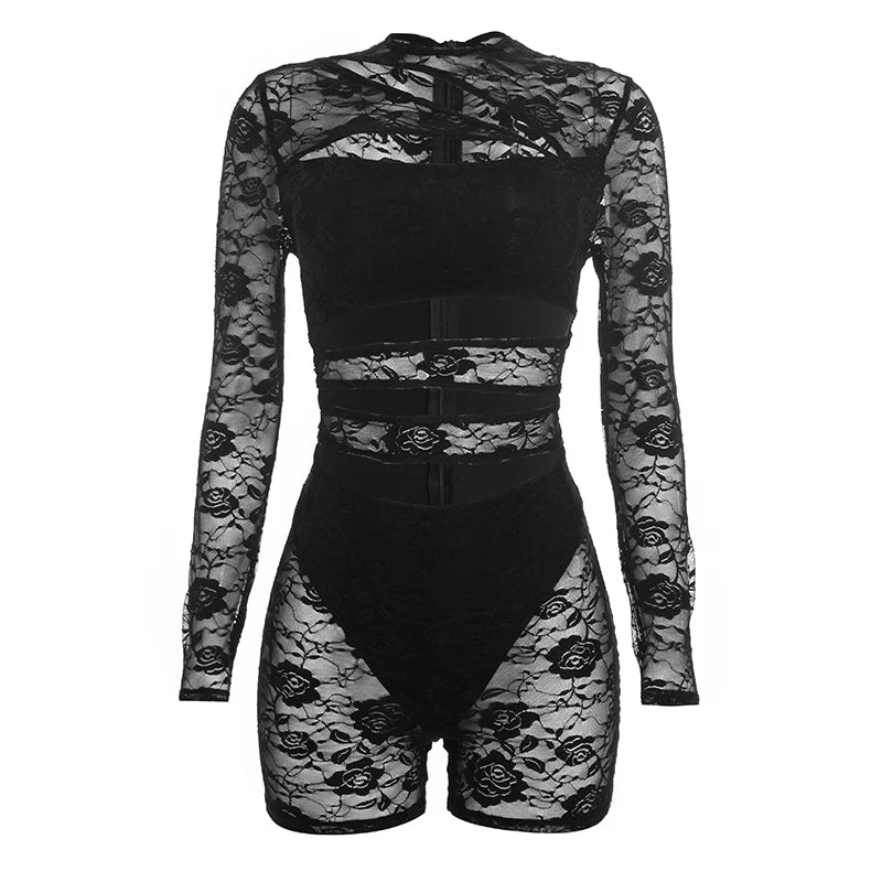 Hollow Romper Women Sexy Wild Cross Jacquard Lace Patchwork Full Sleeve Stretch Fashion Street Party Club Playsuits