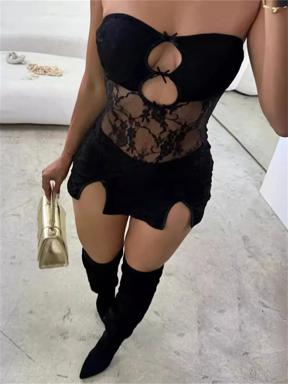 Sexy Jacquard Dress Women Hollow Bow Summer Strapless Split Hem Midnight Tight Birthday Party Clubwear Mini Bodycon