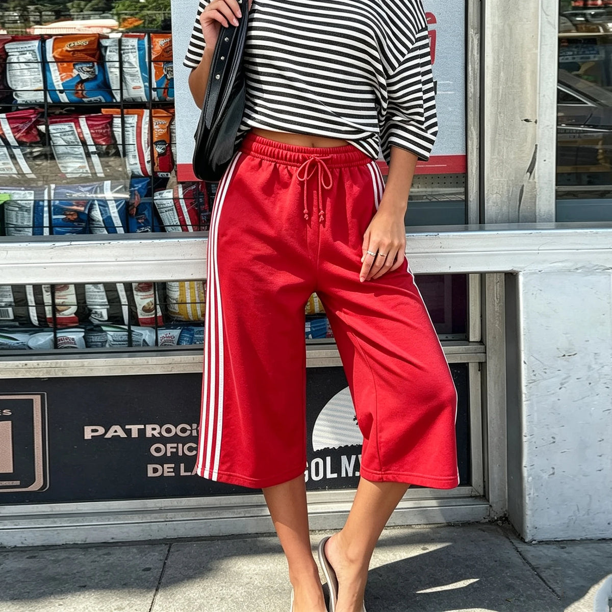 Women Side Stripes Capri Sweatpants Drawstring Elastic Waist Loose Knee Length Casual Sports Cropped Jogger Pants