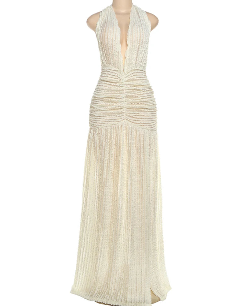 Elegant Backless Halter Dress Women Sexy Deep V-Neck Ruched Ribbon Split Vacation Party Gown Chic Peach Hip Vestidos