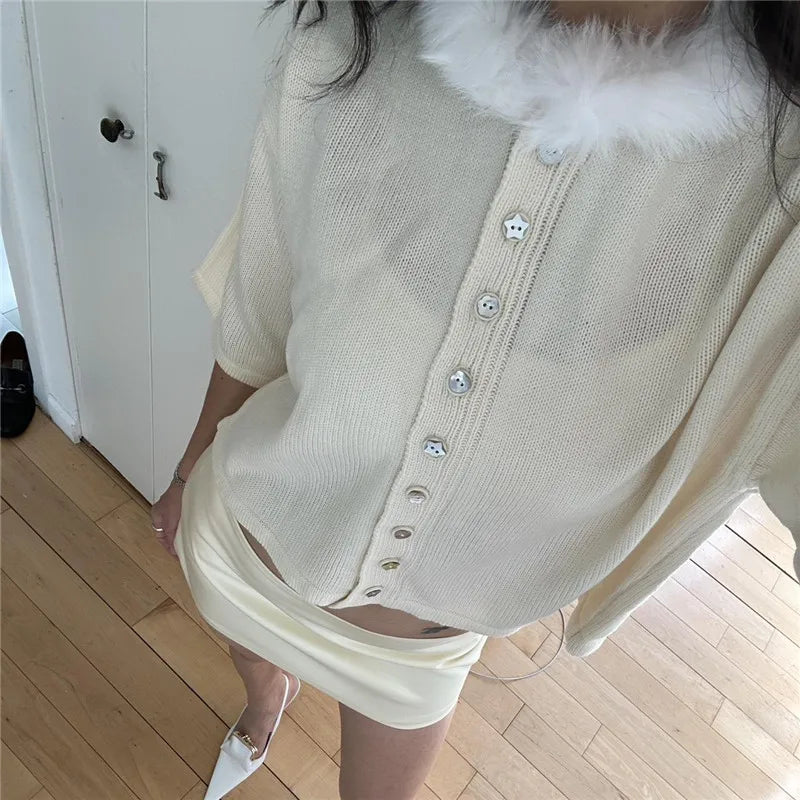 Harajuku Kawaii Furry Neck Short Sleeve Knit Crop Top Women Button Cropped Cardigan Pastel Color Soft Knit Street Outfit