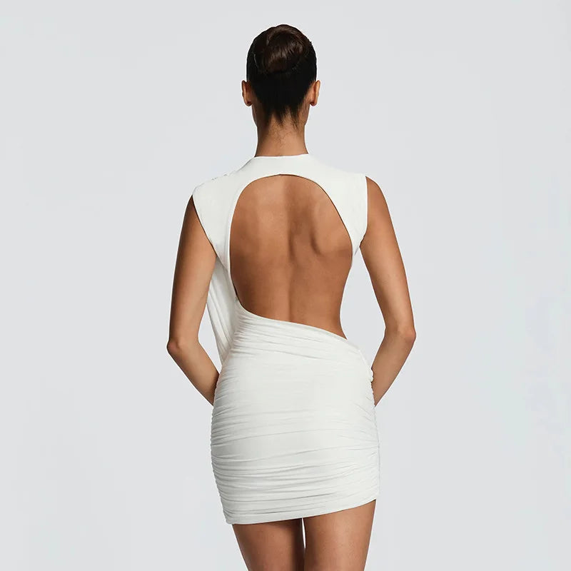 Asymmetric Ruched Mesh Sleeveless Backless Mini Dresses 2026 Woman Party Dress Brown White
