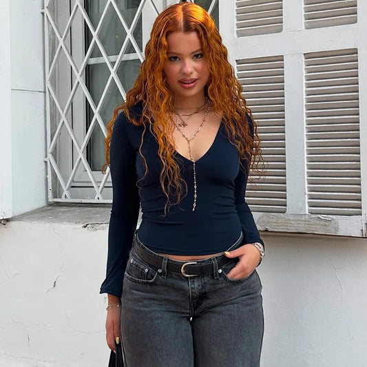 Solid Color Slim Low Cut Deep V Long Sleeve Tops for Woman Sexy Fall Clothes Basic Casual Tee Shirts Ladies