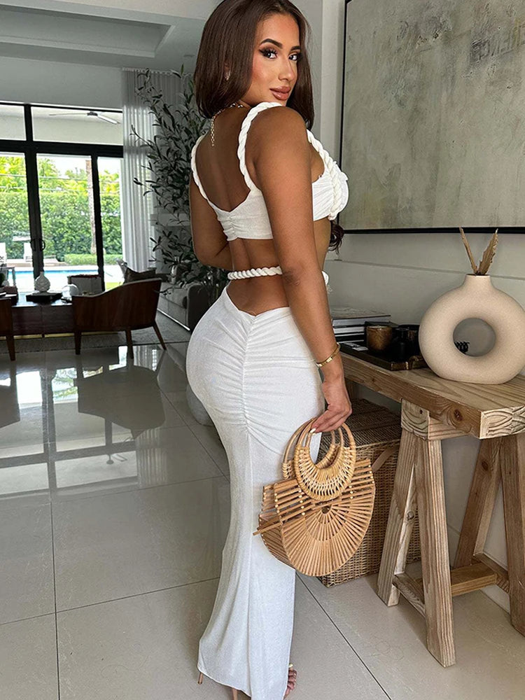 Velvet Y2K Sexy 2 Piece Set Women Vacation Ruched Plait Camisole+Hollow Skirts Bandage Beach Party Skinny Clubwear