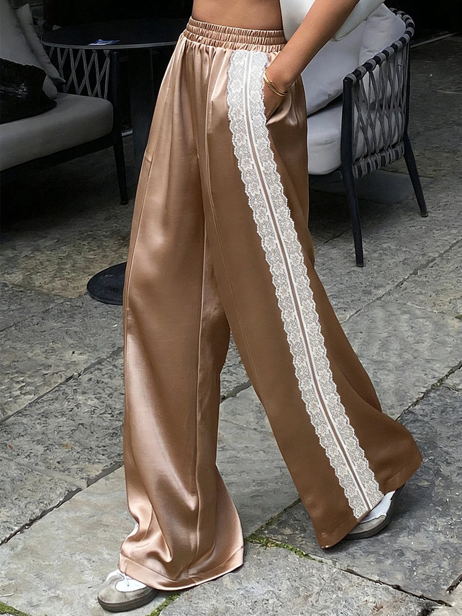 Women Satin Silk Lace Trim Pants Y2k High Street Elastic Waist Wide Leg Pj Lounge Boxer Bottoms Trendy Causal Trousers