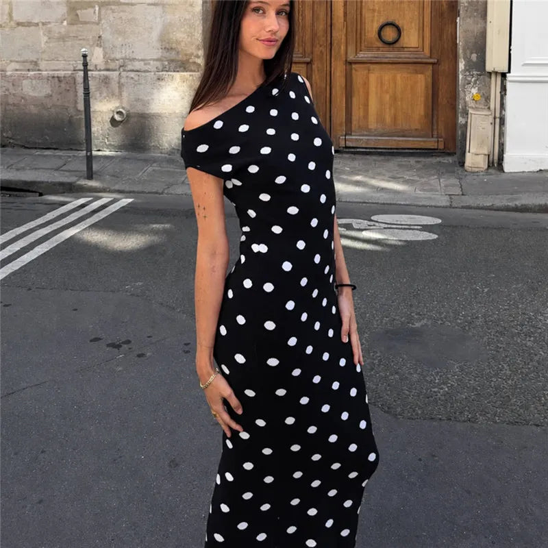 Sexy Women Red Polka Dot Off Shoulder Bodycon Midi Dress Elegant Sleeveless Knit Slim Fit Party Evening Summer Dress