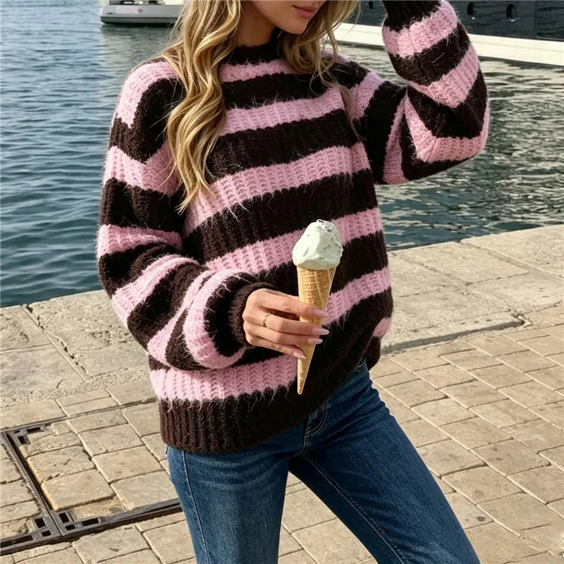 Women Striped Fuzzy Knit Sweater Crew Neck Long Sleeve Oversized Pullover Y2K Vintage Casual Fall Winter Knit Top