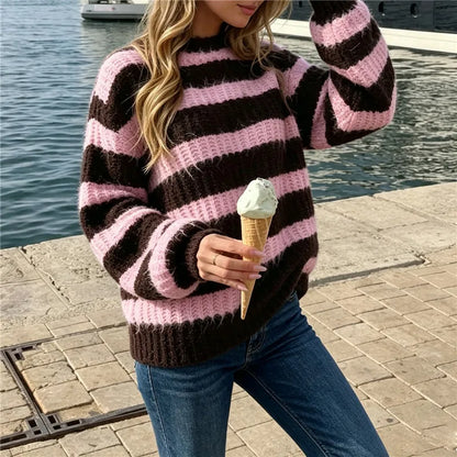 Women Striped Fuzzy Knit Sweater Crew Neck Long Sleeve Oversized Pullover Y2K Vintage Casual Fall Winter Knit Top