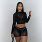 Sexy  See Through 2-Piece Set Women Full Sleeve o-Neck Crop Tops+Simple Elastic Waist Short Slim Midnight Hottie Suit