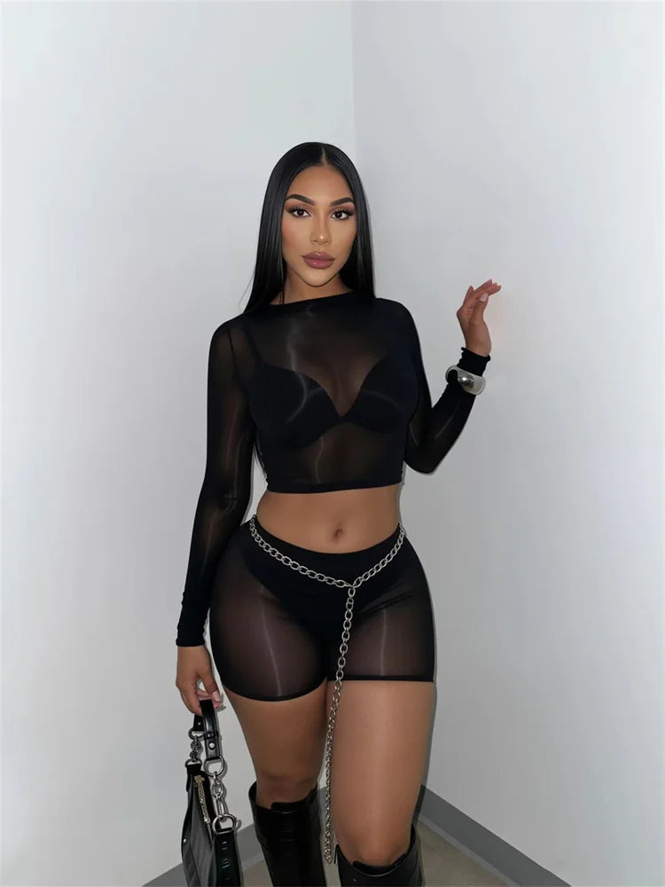 Sexy  See Through 2-Piece Set Women Full Sleeve o-Neck Crop Tops+Simple Elastic Waist Short Slim Midnight Hottie Suit