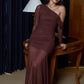 Oblique Shoulder Long Sleeve Sexy Maxi Dress For Women Fashion Mesh Backless Bodycon Ruched Club Evening Long Dress