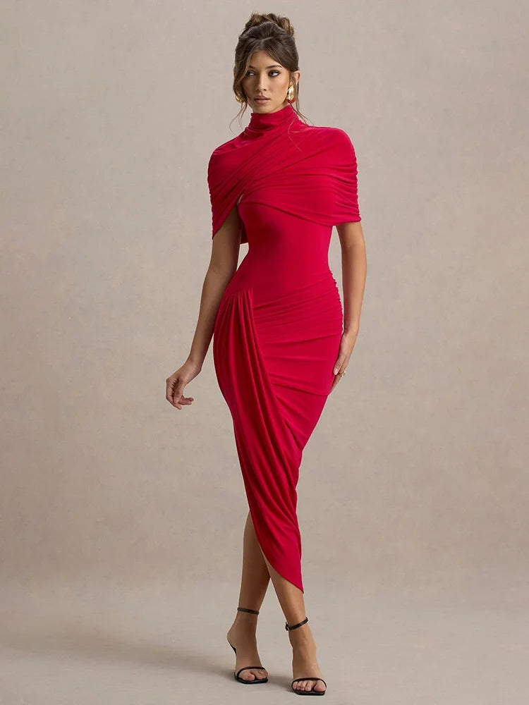 Asymmetrical Ruched Backless Long Dresses Red White Yellow Elegant Evening Party Dress Woman Birthday Outfits