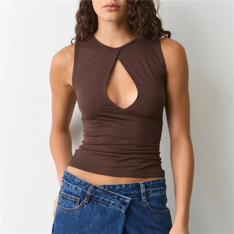 Women's Summer Tank Tops Stylish Solid Color Hollow Out Design Crew Neck Sleeveless Slim Fit Vest Shirt Y2K Streetwear